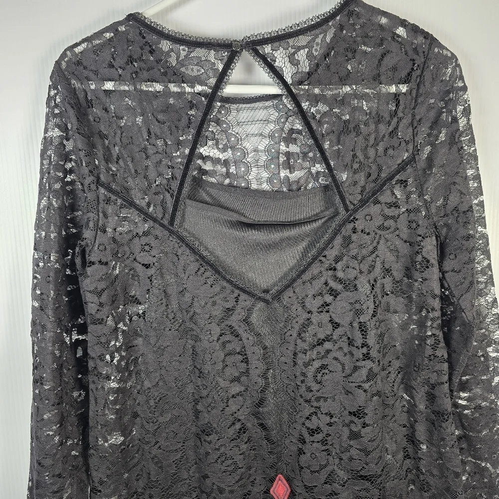 Free People Black Lace Dress with Pink Geometric Patterns Black Slip Under SizeS